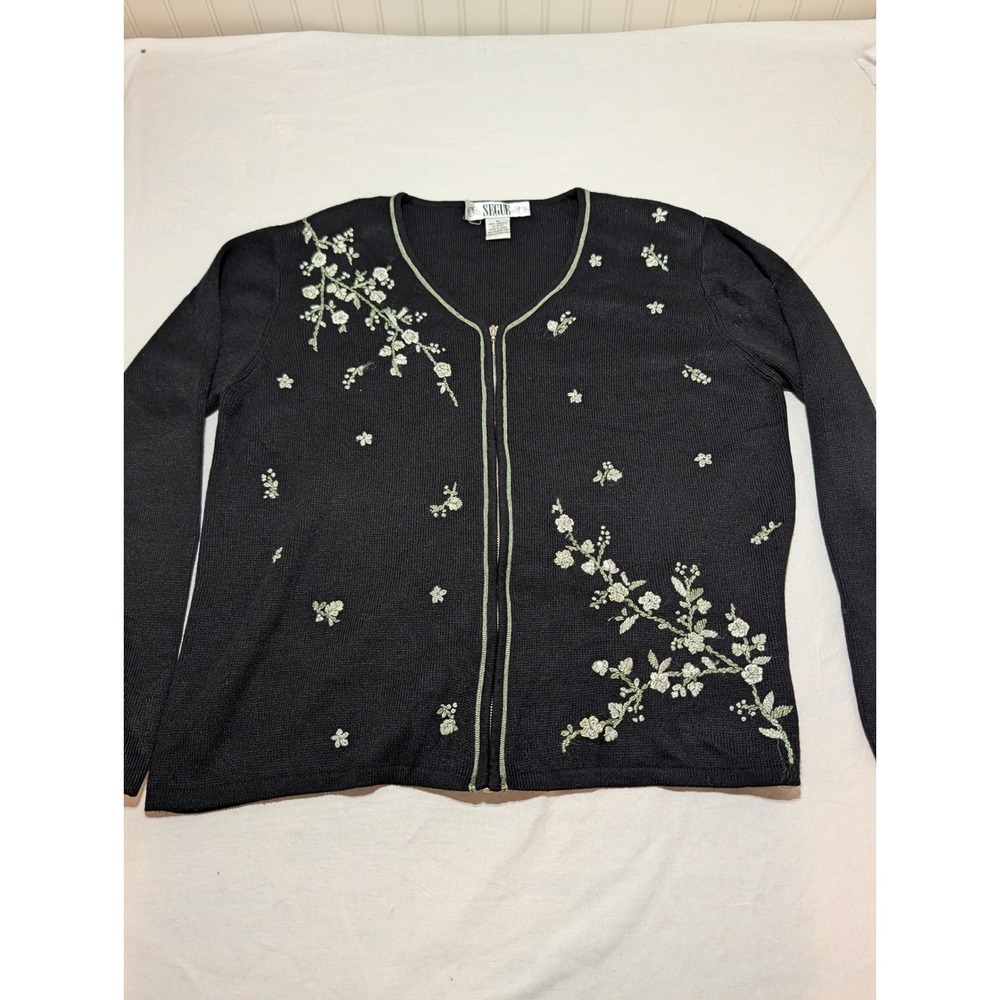 Segue Womens Black Floral Embroidered Zip Up Cardigan Sweater Size M V-Neck